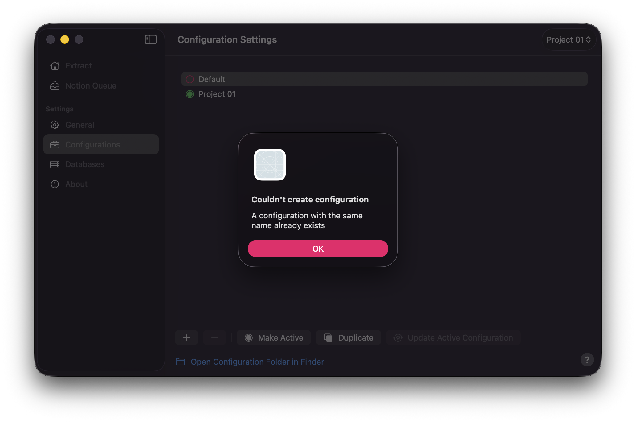 Couldn't create configuration